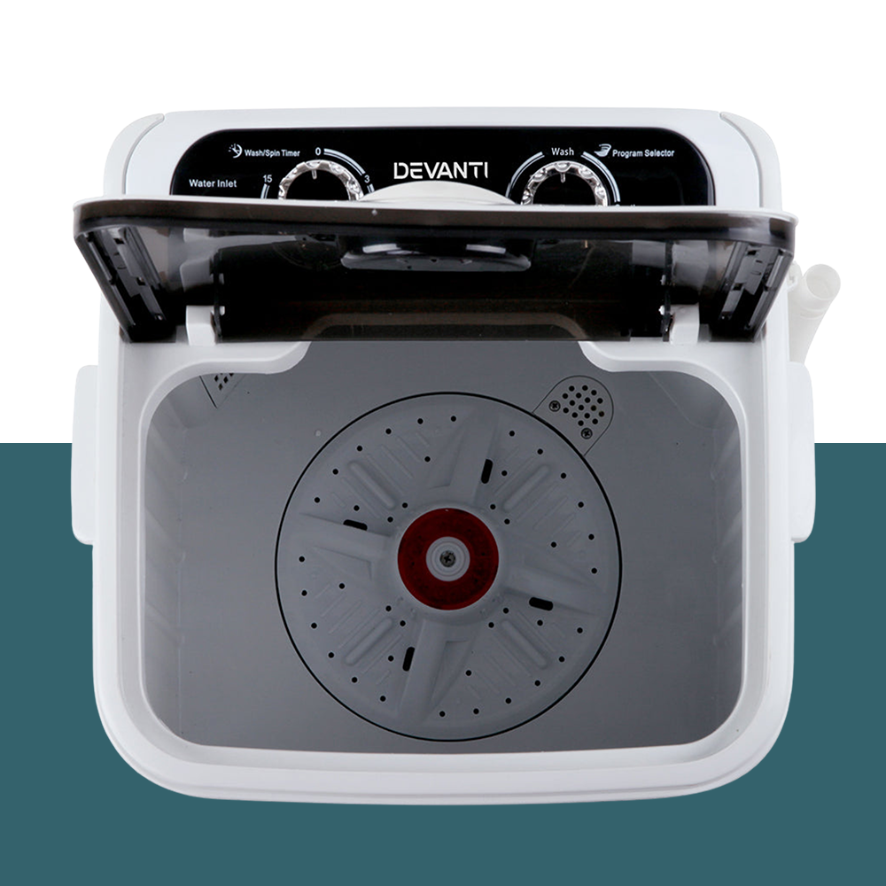 Top-down view of the washing machine's inner compartment, with the black lid lifted