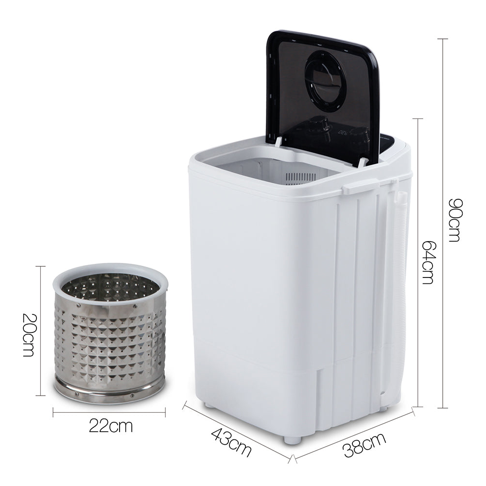 Portable washing machine with dimensions of the machine and the spin drum shown for scale