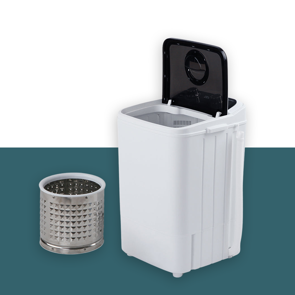 Portable washing machine with its detachable spin drum placed beside it