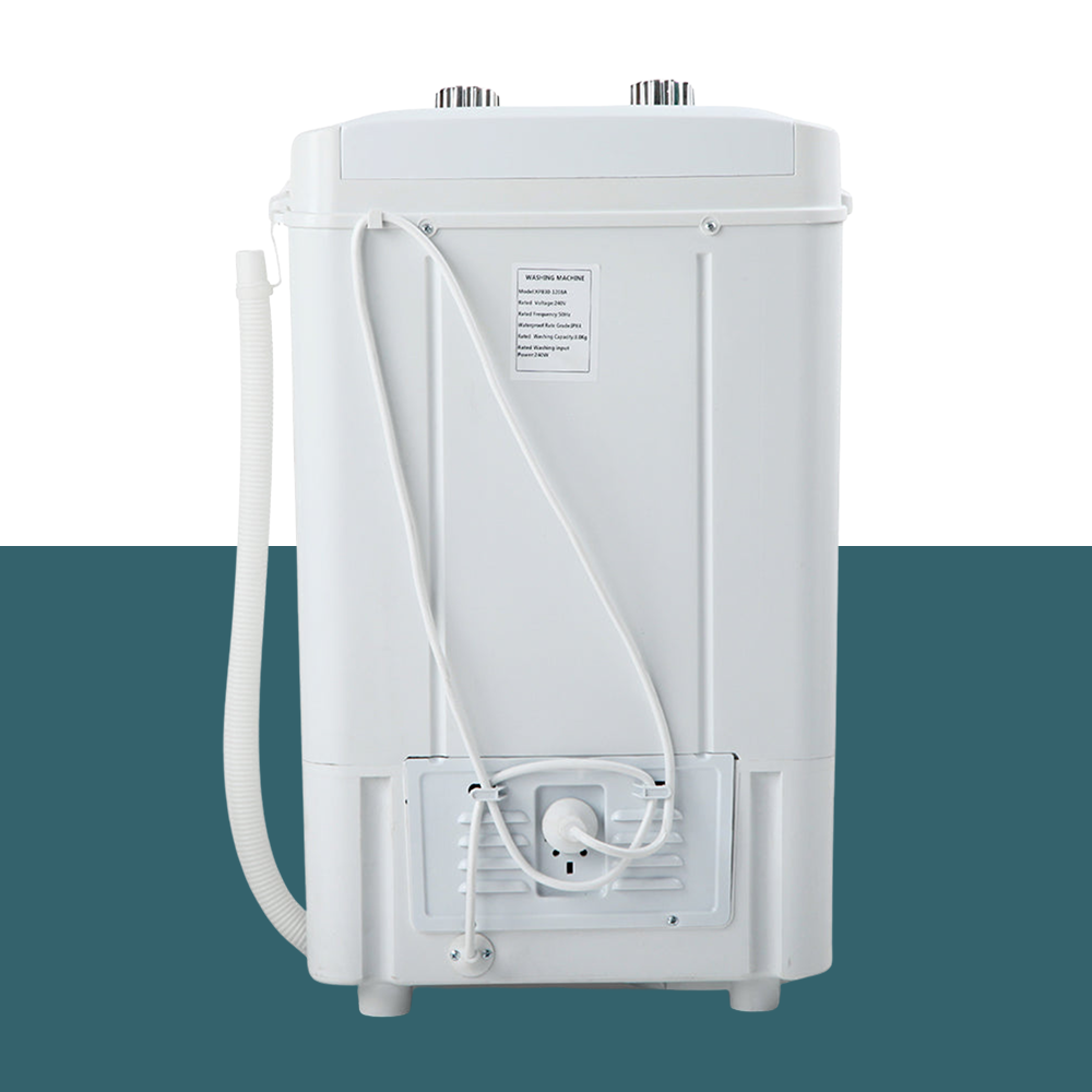 Back view of the portable washing machine, showing the power cord and water hose attachment