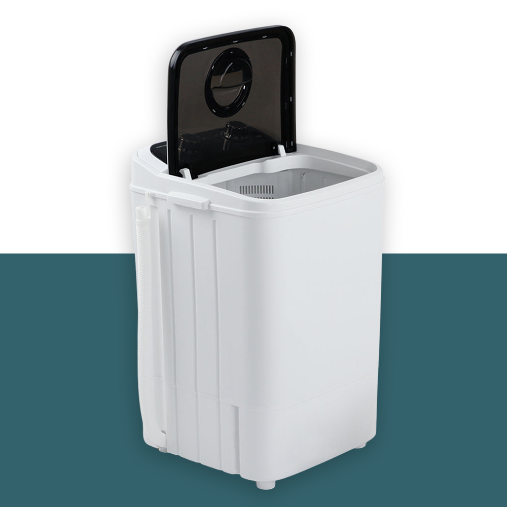 Portable washing machine with an open black lid and visible washing compartment