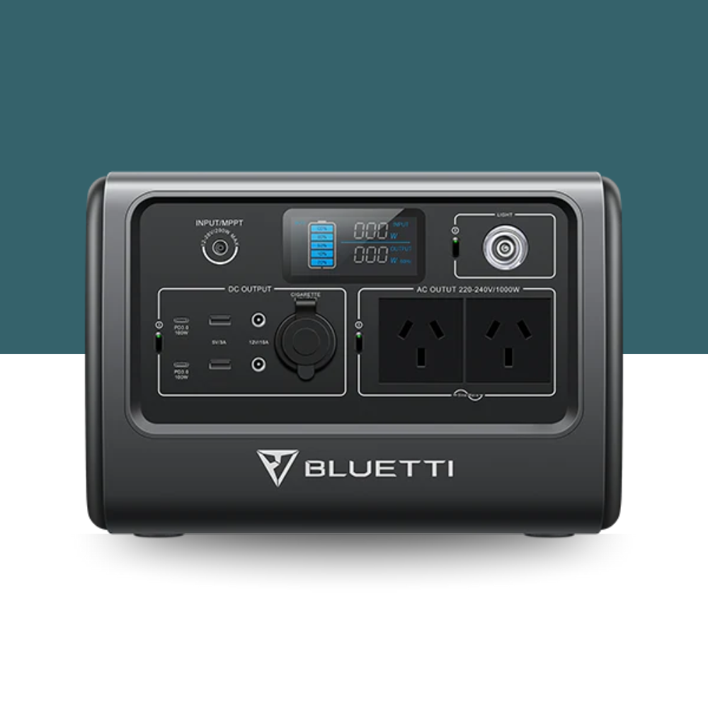 Bluetti AC70 front view centred with teal background.