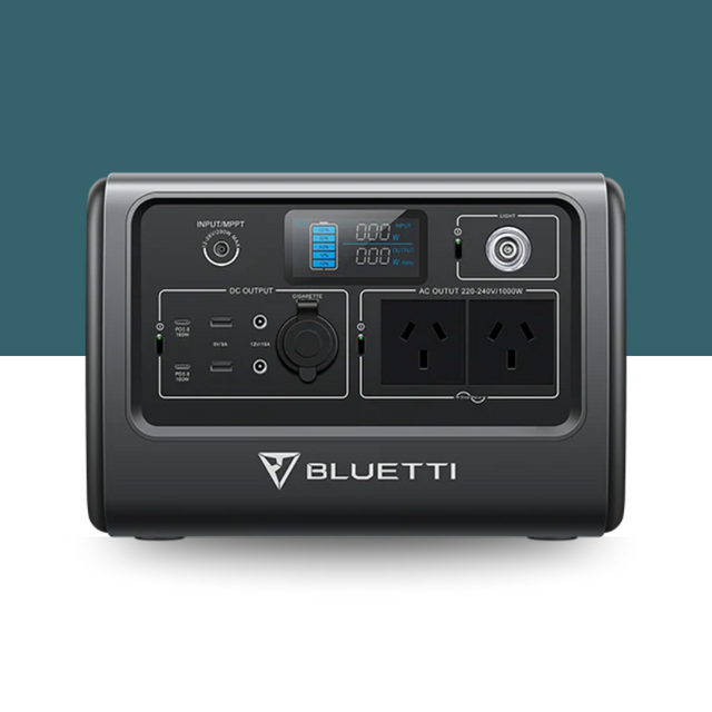 Bluetti AC70 front view centred with teal background.