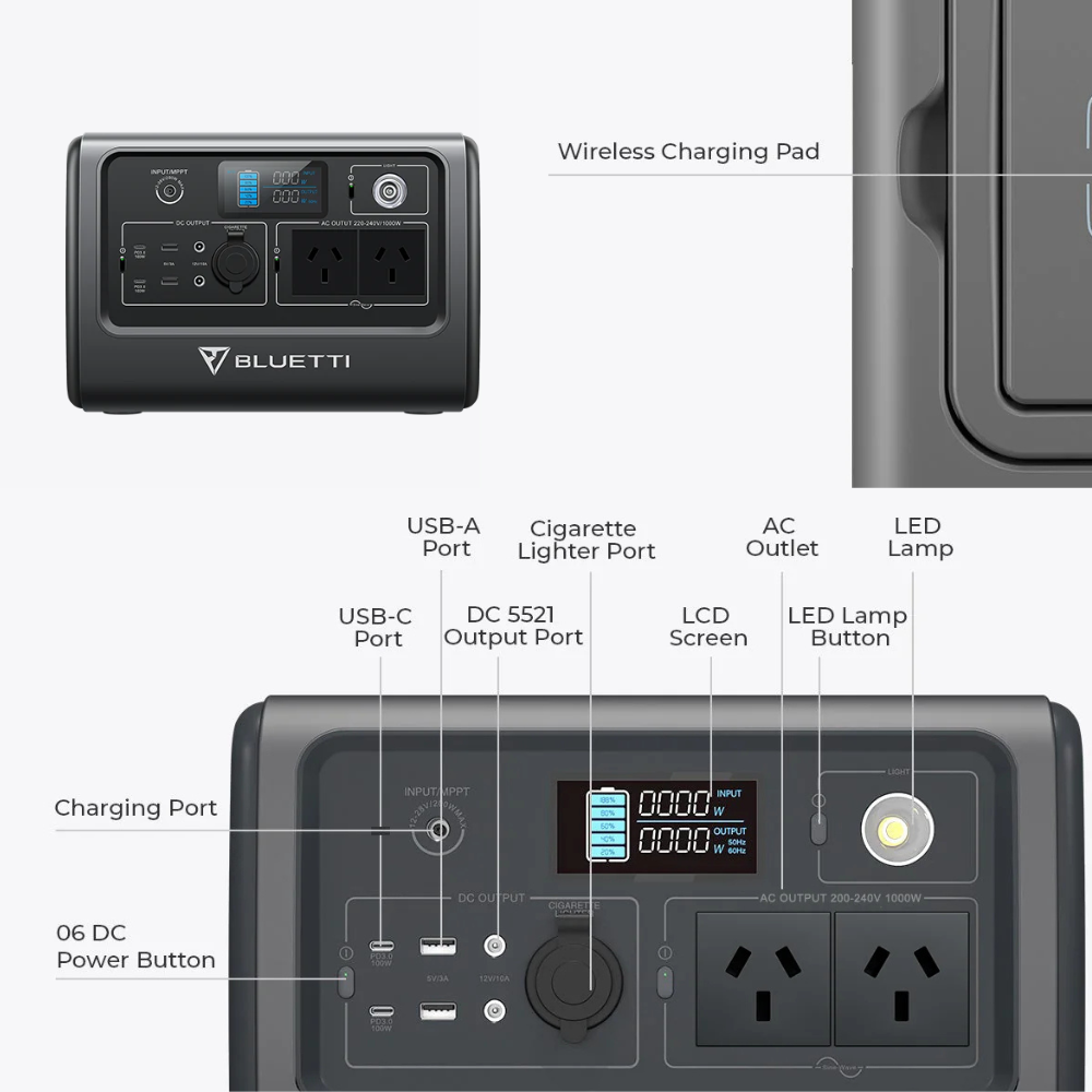 Diagram showing Bluetti AC70 technical specs and ports.