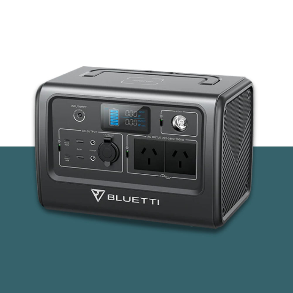 Bluetti portable power station front view with dark teal background.