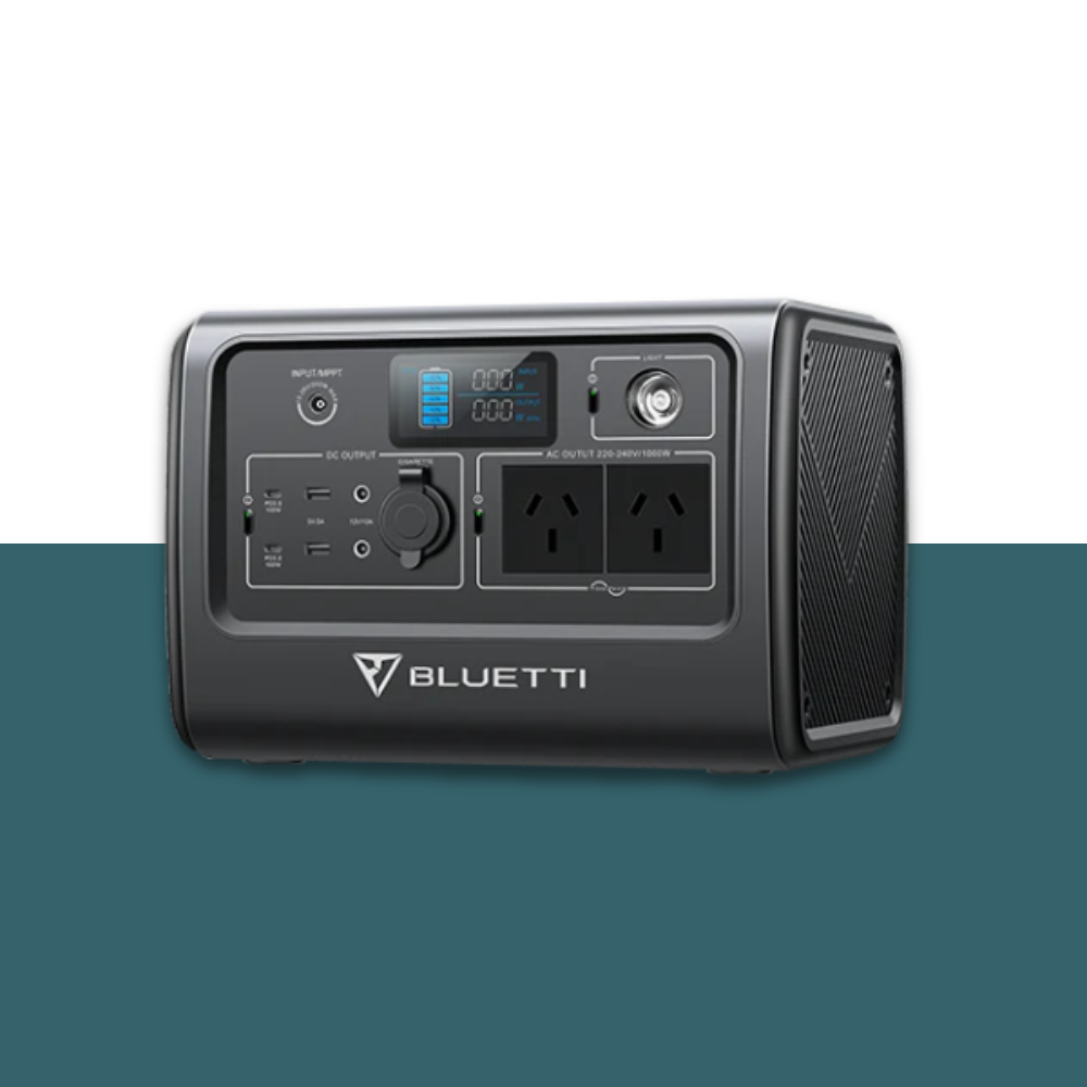 Bluetti power station angled front-right view on teal background.