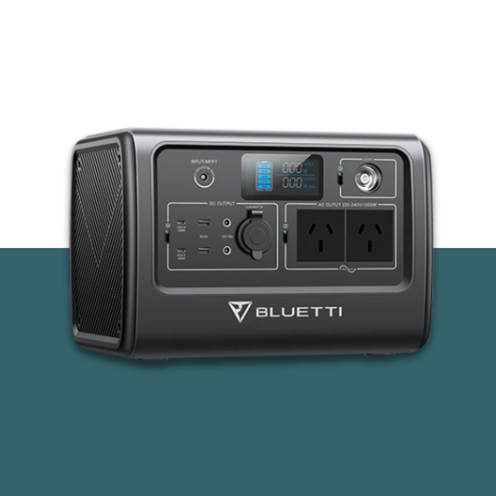 Bluetti power station front view with minimal lighting.