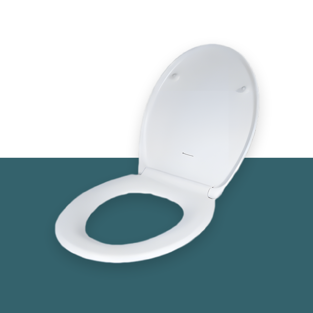 Ecoflo Deluxe white toilet seat with soft-close functionality, shown in an upright position against a neutral background