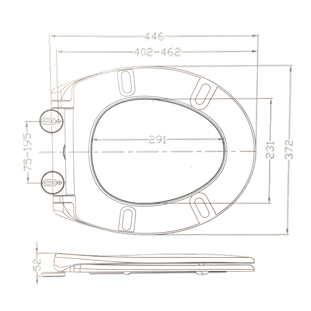 Technical diagram of the Ecoflo Deluxe white toilet seat, displaying detailed measurements and specifications for installation