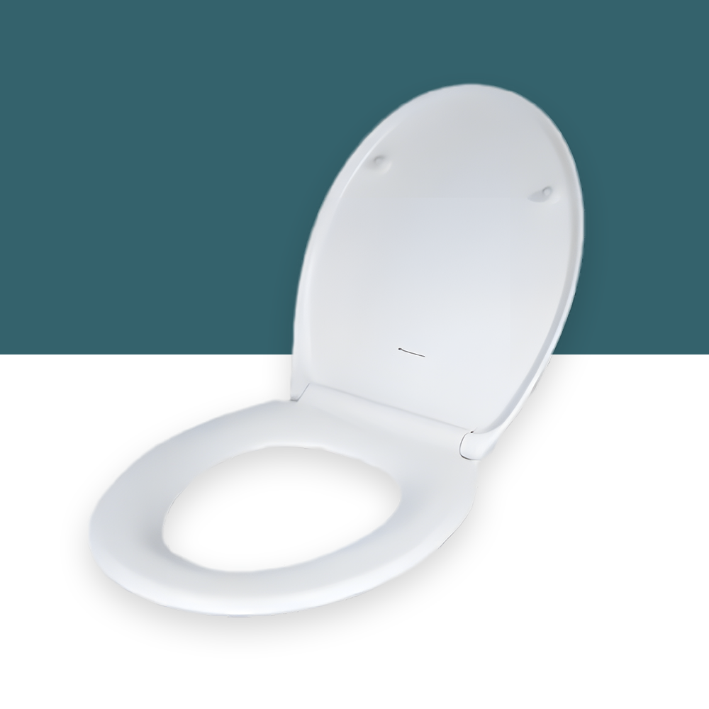 Ecoflo Deluxe white toilet seat in an open position, highlighting the soft-close feature, with a contrasting dark green and white background