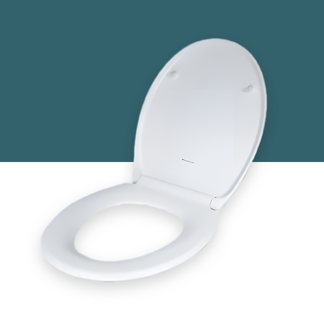 Ecoflo Deluxe white toilet seat in an open position, highlighting the soft-close feature, with a contrasting dark green and white background