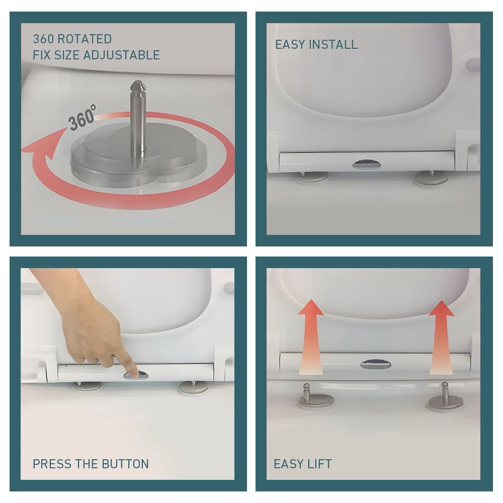 Step-by-step instructions for installing the Ecoflo Deluxe white toilet seat, featuring four images: adjustable fix size, easy install, pressing the button for removal, and easy lift for cleaning
