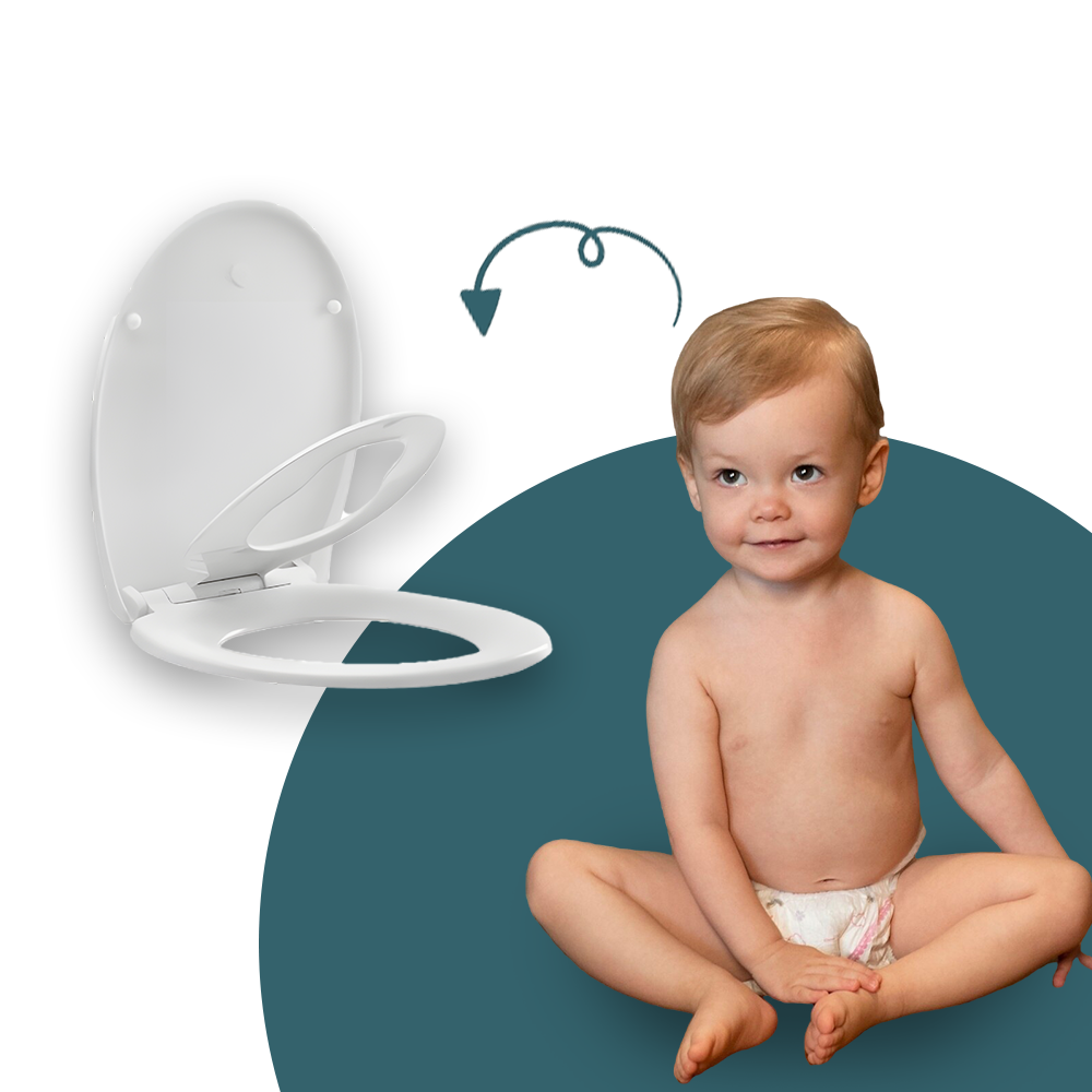 A toddler sitting next to a white toilet seat with a built-in child seat, and an arrow indicating the child's seat feature