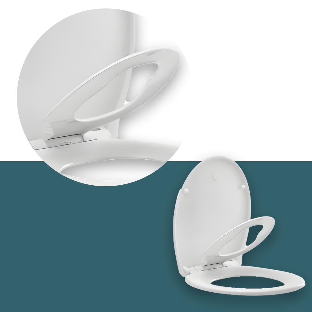 A close-up of a white toilet seat with a built-in child seat, alongside a wider view of the same toilet seat with the child seat open