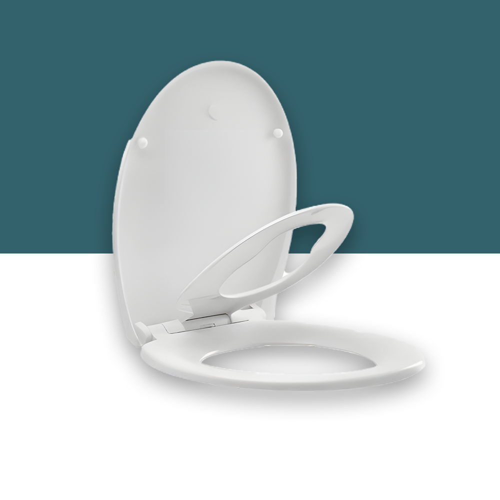 A white toilet seat with a built-in child seat, set against a teal and white background