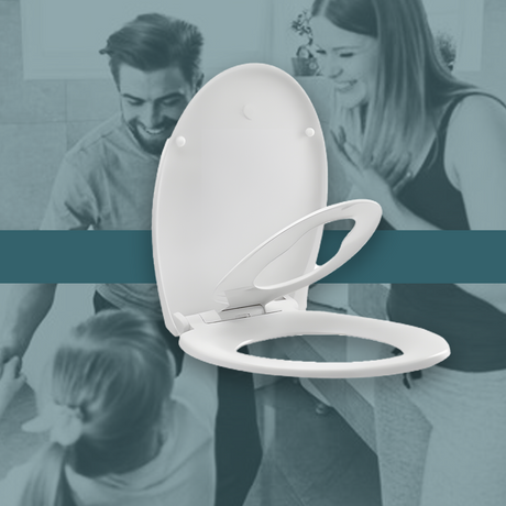 A white family-friendly toilet seat with a built-in child seat in an open position, with a family smiling in the background