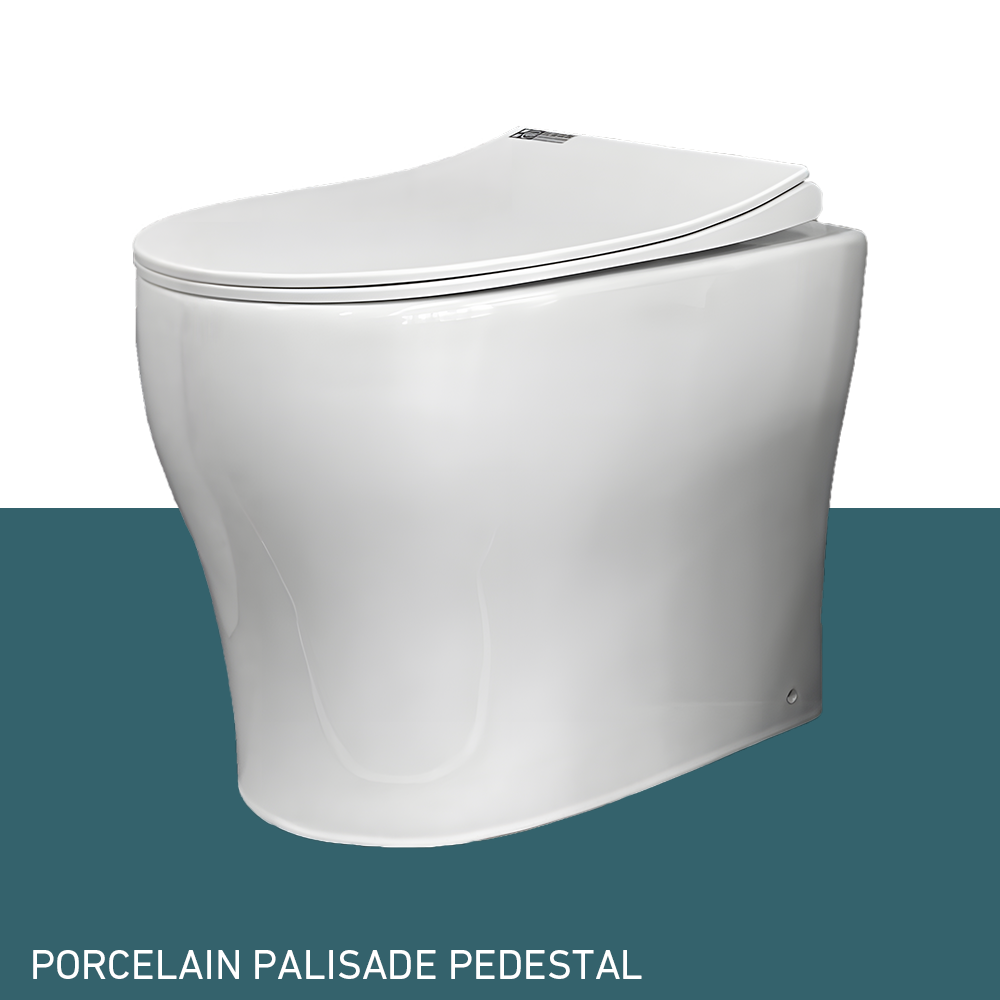 Ecoflo Porcelain Pedestals and Seats closed lid on an angle view