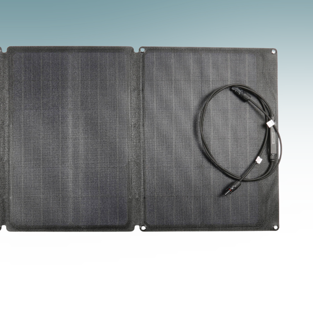 Foldable solar panel with a cable on a light blue background