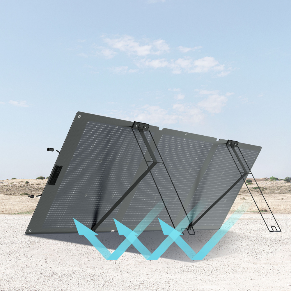 Foldable solar panel on a sandy ground with a clear sky