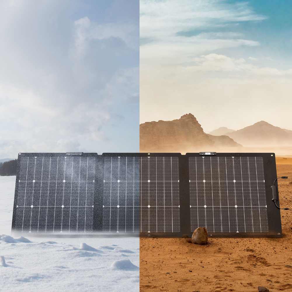 Solar panel on a split background of snow and desert