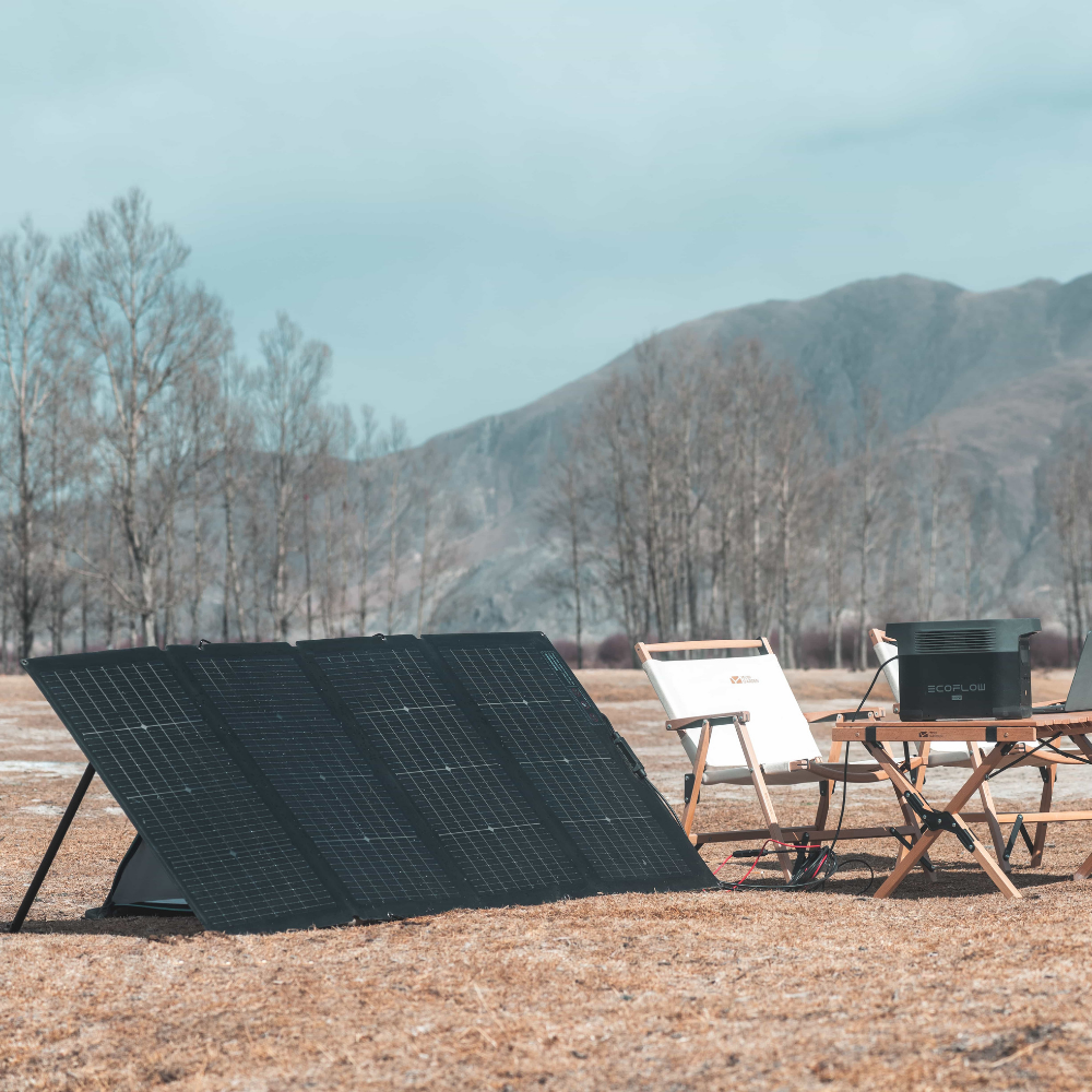 Solar panels in an outdoor setting with mountains and trees in the background