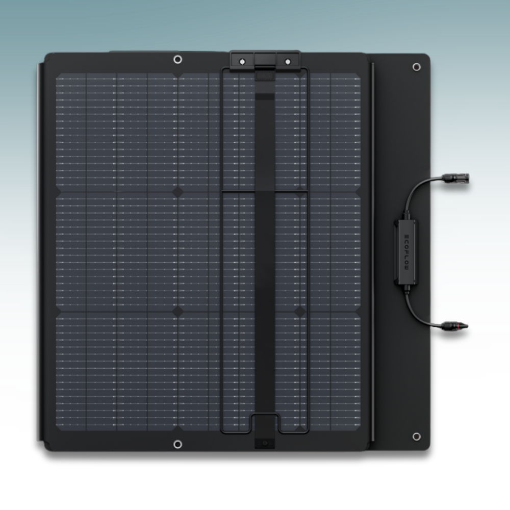 Solar panel with connectors on a light blue background