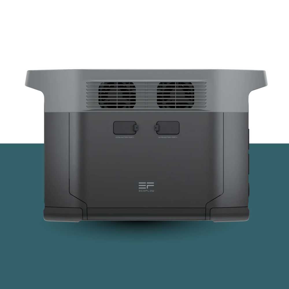 Black electronic device with cooling vents on a teal and white background