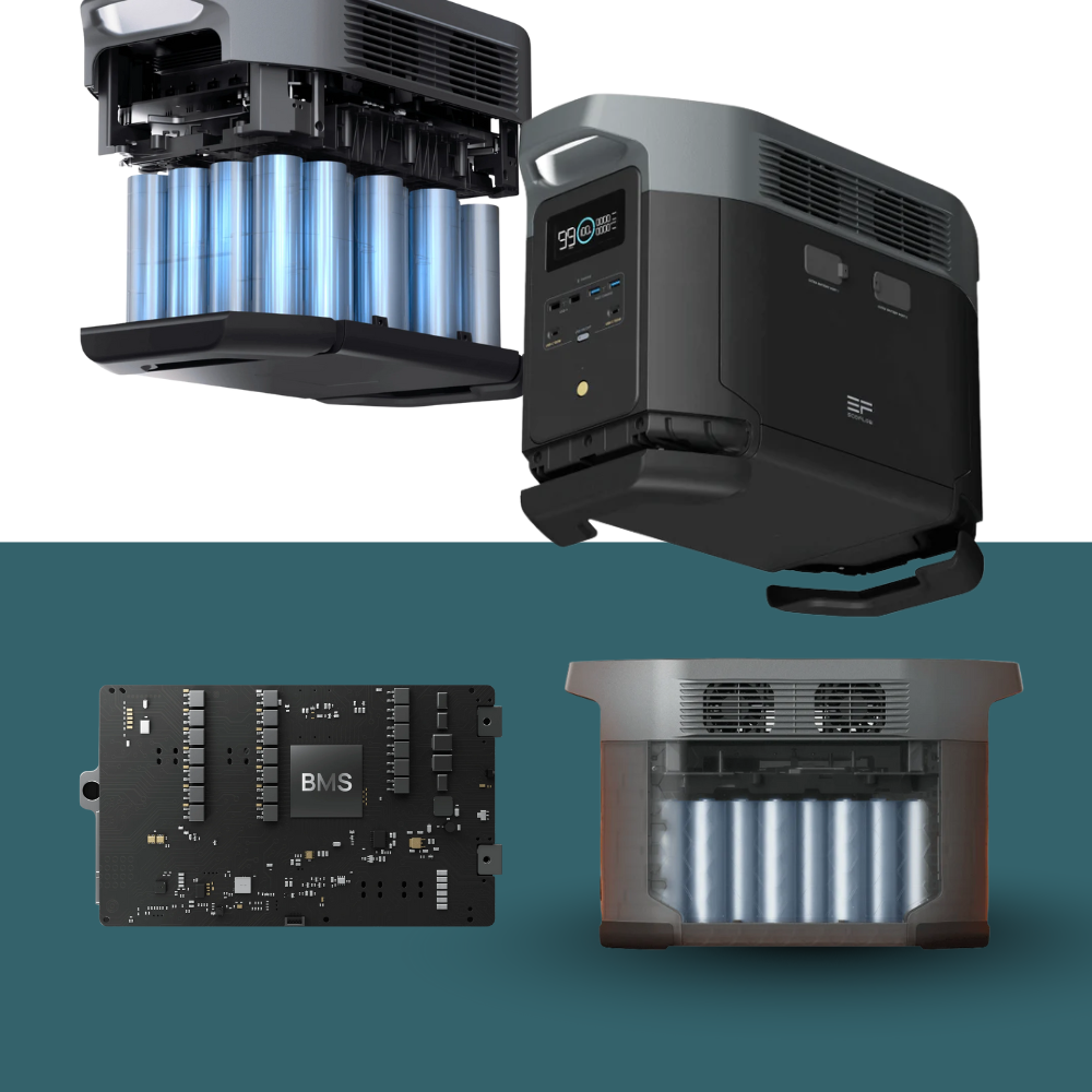Collection of electronic components including a battery pack, circuit board, and other devices on a white and teal background.