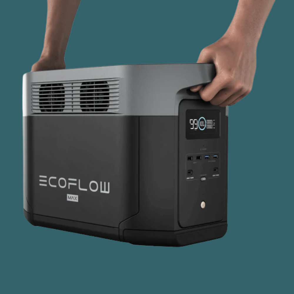 EcoFlow power station being held by a person on a transparent background