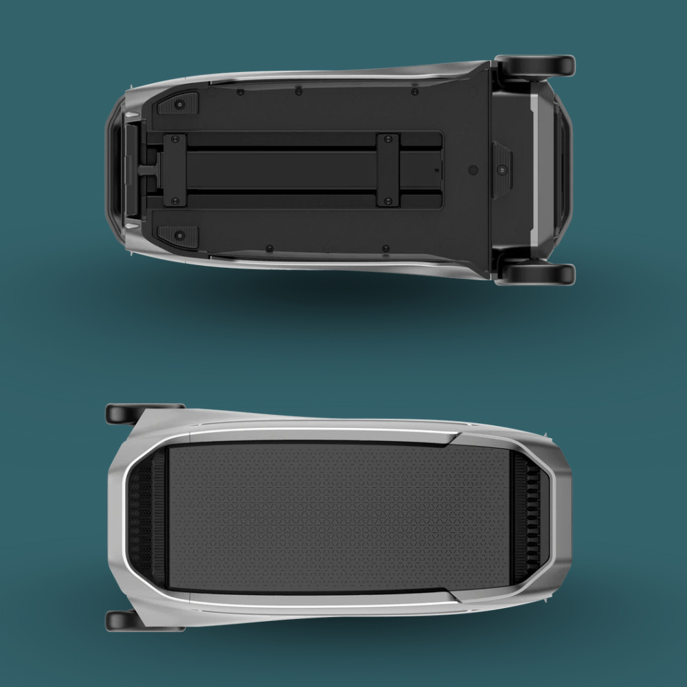 Top and bottom views of a black electronic device on a teal background