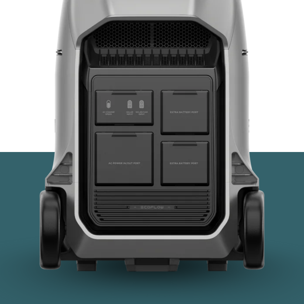 Back view of a gray and black device with ports on a teal background