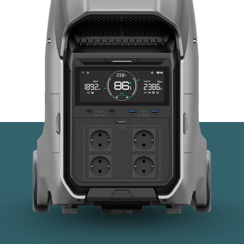 Portable power station with digital display and multiple outlets on a white background
