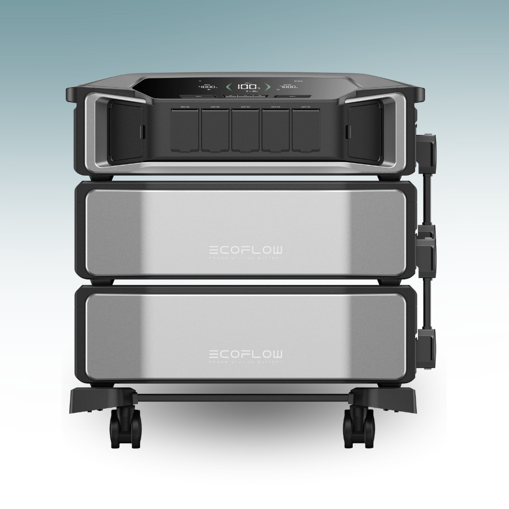 Stack of EcoFlow power stations on a gradient background