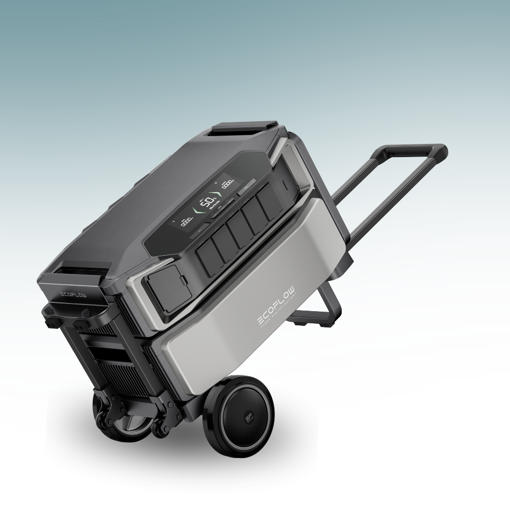 Portable power station with wheels on a gradient background