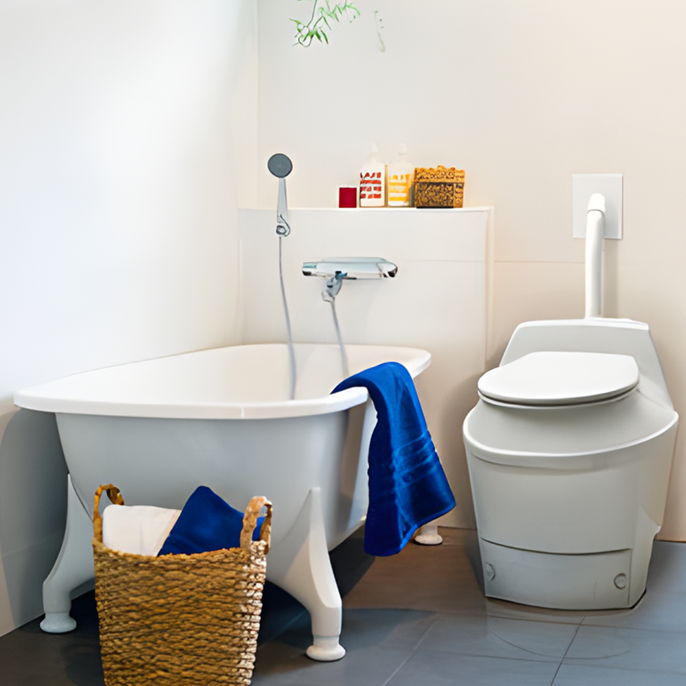 bath tub and EcoLet 25a Waterless Composting Toilet