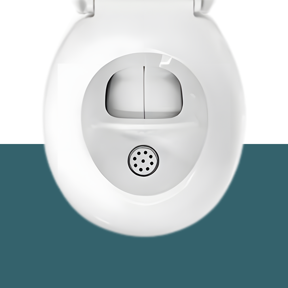 Close-up shot of the urine diverter and filter, showcasing the separator for managing liquid and solid waste.