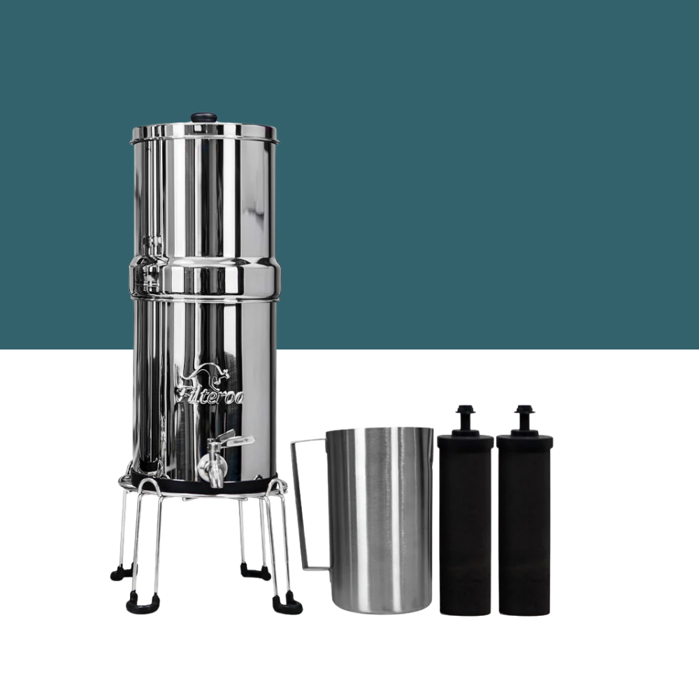 Stainless steel water filter system with additional components on a white background