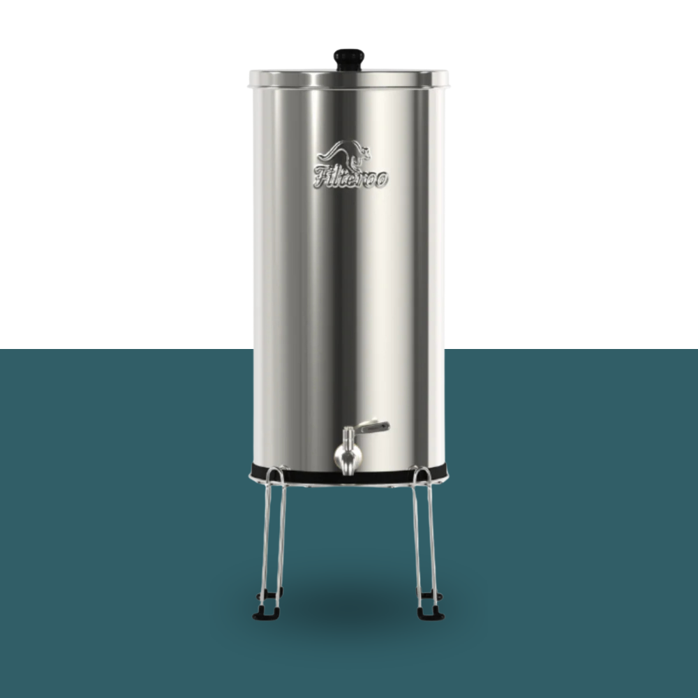 Filteroo® Superoo Stainless Steel Fluoride Filter System on a two-tone background