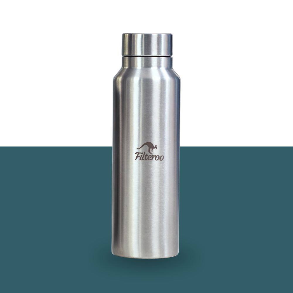 Filteroo® Superoo Stainless Steel Fluoride Filter System on a two-tone background