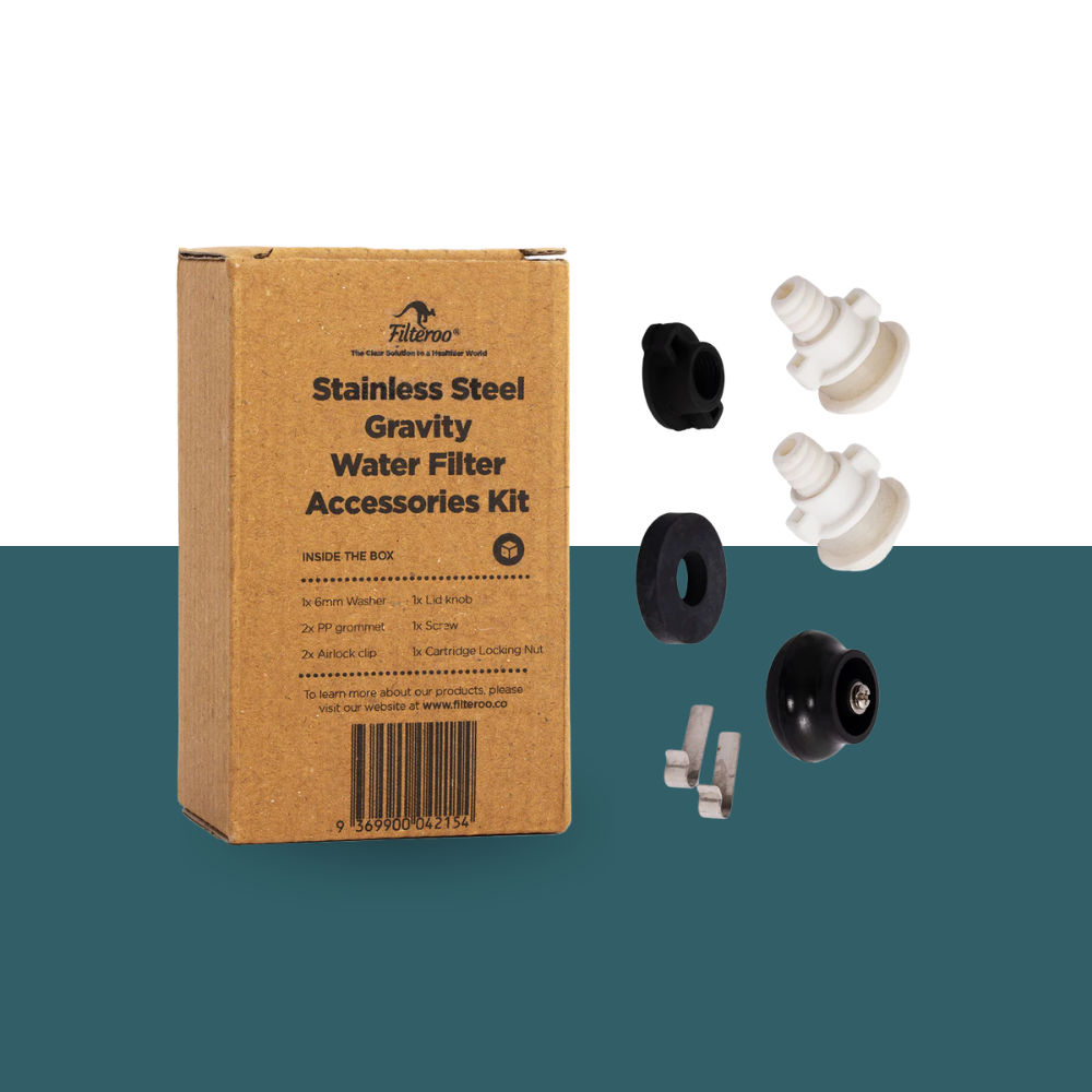 Stainless Steel Gravity Water Filter Accessories Kit with packaging and components on a white background