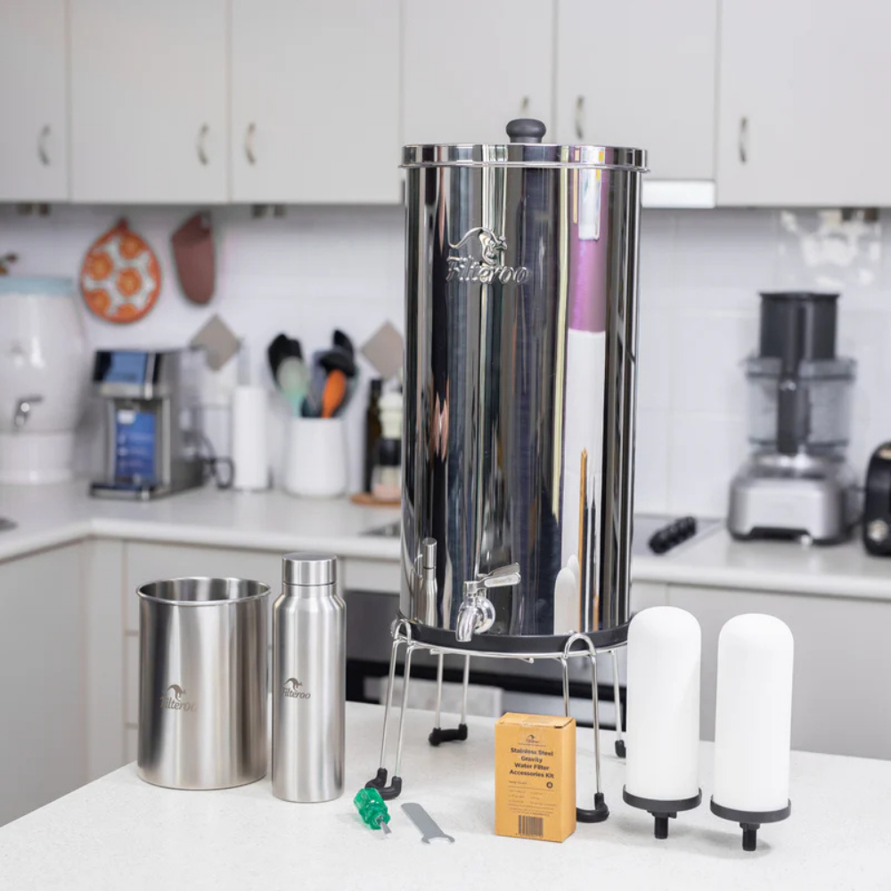 Filteroo® Superoo Stainless Steel Fluoride Filter System with accessories on a kitchen counter