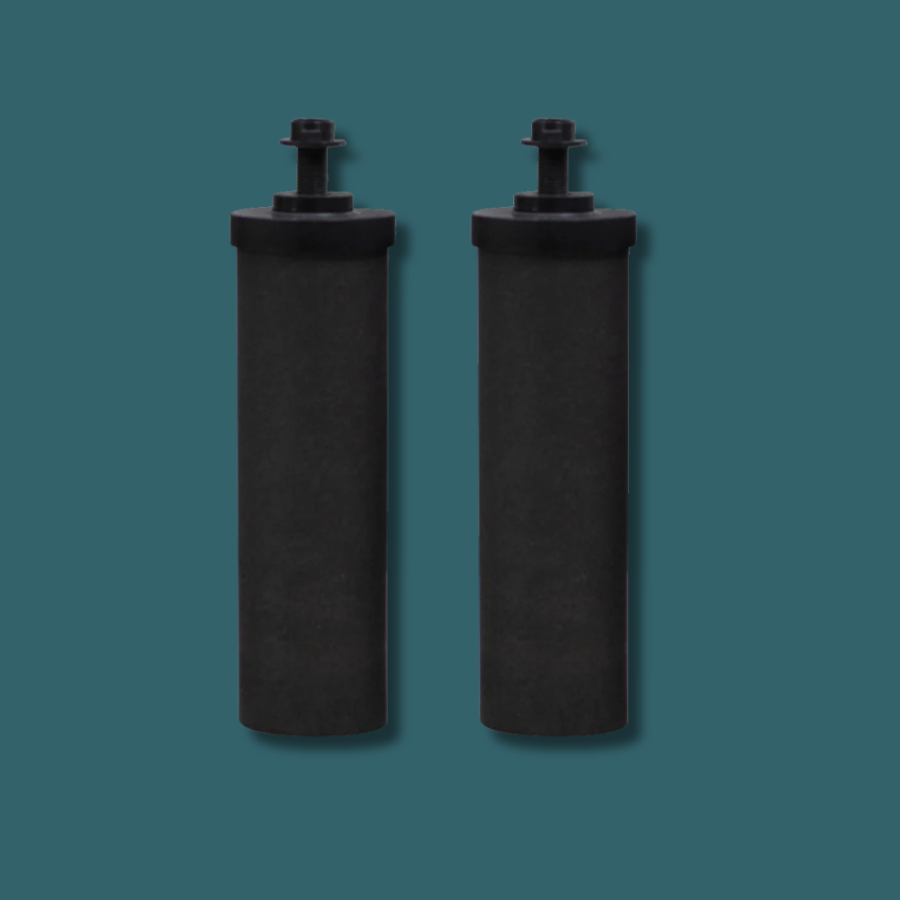 Two black carbon block filter cartridges displayed side by side on a dark teal background.