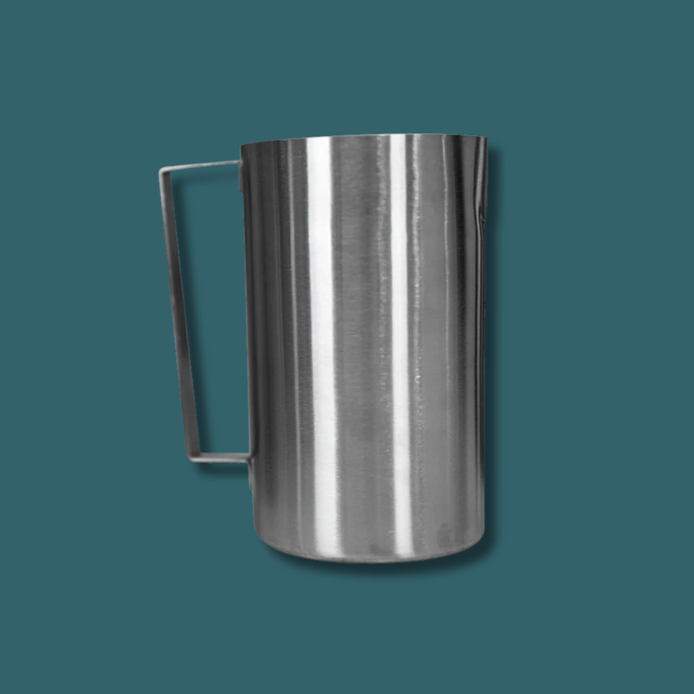 Stainless steel water jug, cylindrical with handle, designed to complement the filter system.