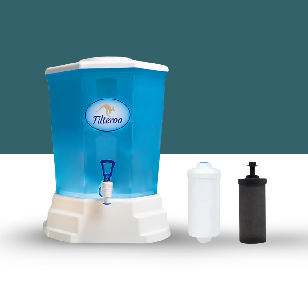 Studio image of Filteroo blue water filter, shown with included black and white filter cartridges on a teal background.