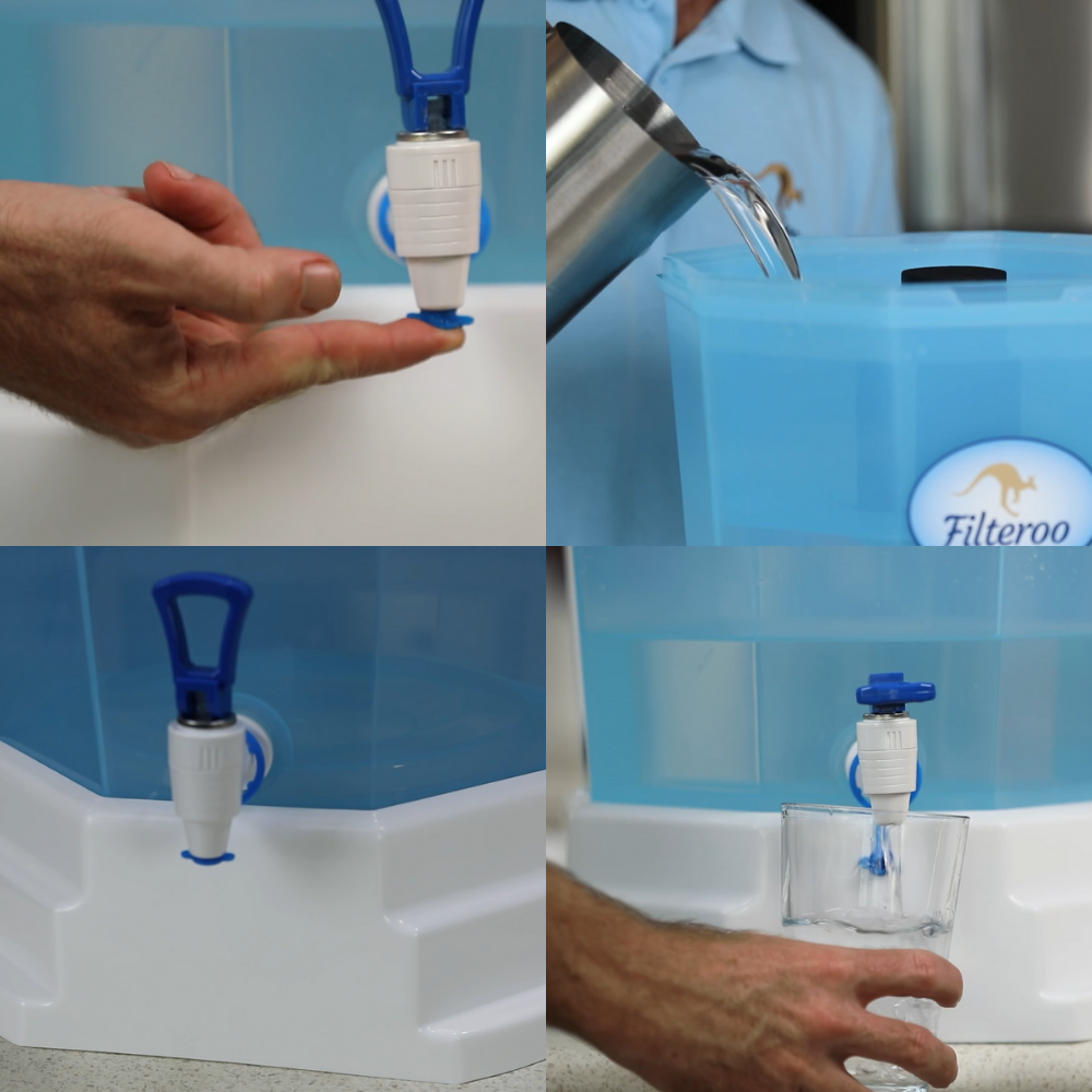 Close-up of child dispensing water from the Filteroo tap, showing easy-to-use design.