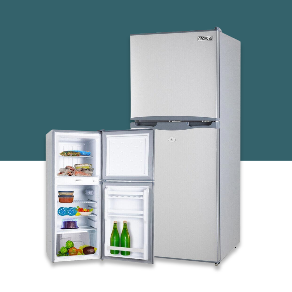 GECKO 125L 12V/24V Portable Upright Fridge Freezer, one open with food items and drinks, on a white background.