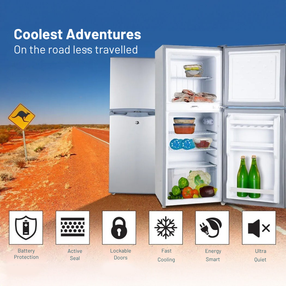 GECKO 125L 12V/24V Portable Upright Fridge Freezer on a road trip with features highlighted.