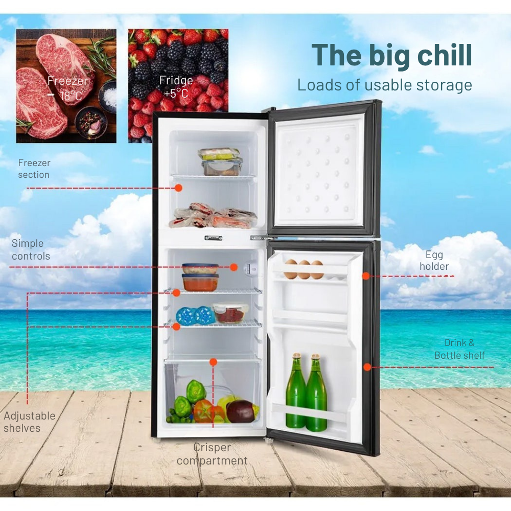 Diagram of a refrigerator with labeled sections and food items on a beach background