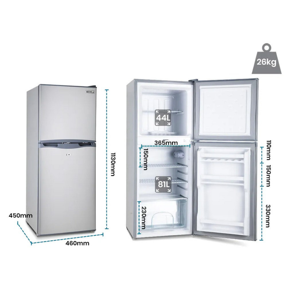 GECKO 125L 12V/24V Portable Upright Fridge Freezer with dimensions and weight displayed