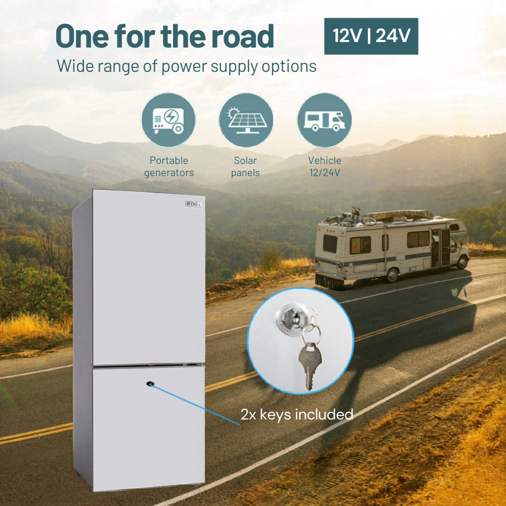 Fridge with power supply options on a scenic road background